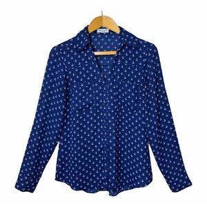 Nautical Anchor Print Blouse S Express Long Sleeve Button Down Navy Coastal Blue